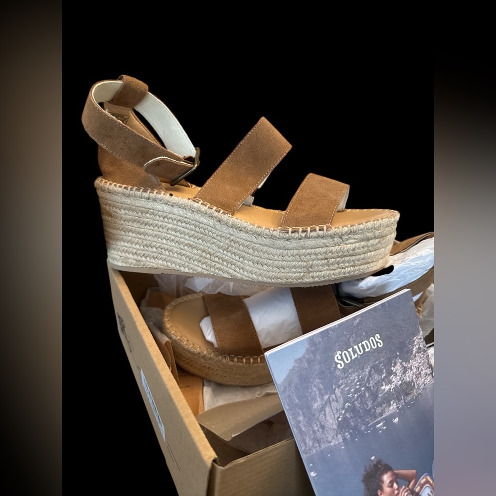 NIB Soludos Tan Espadrille Platform Wedge Sandals size 10 PALMA walnut suede